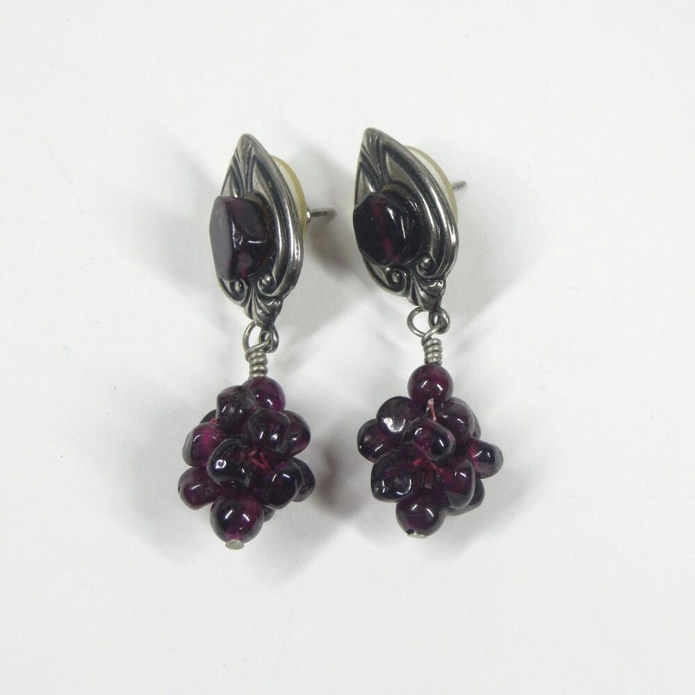 Garnet Grape Beaded Dangle Earrings Silvertone Vintage